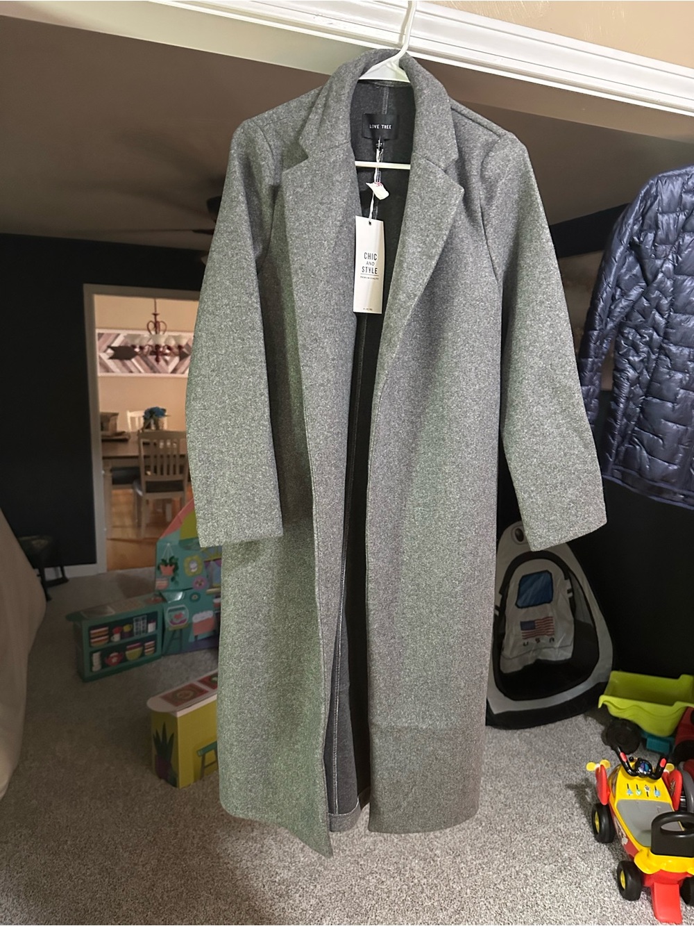 Love Tree Charcoal Gray Wool-Blend Open Front Coat